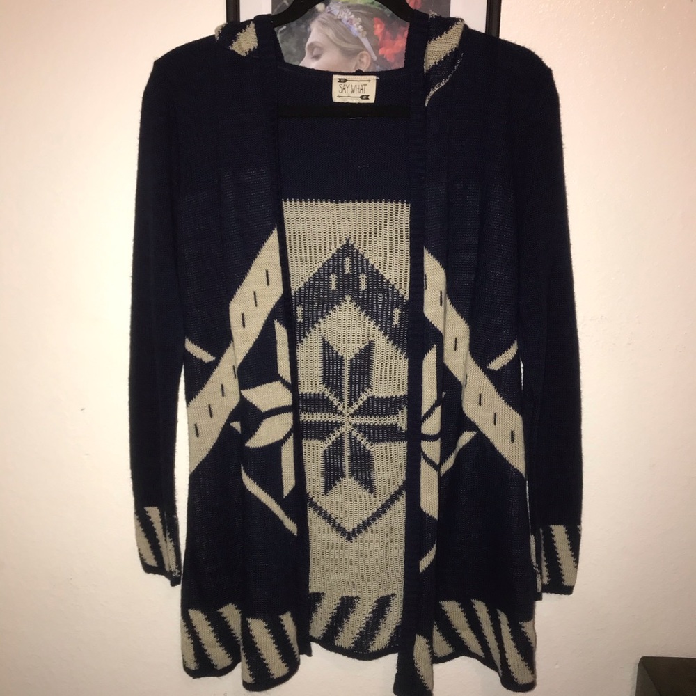 Say What? Navy Blue and Beige Aztec Print Hooded Cardigan Small